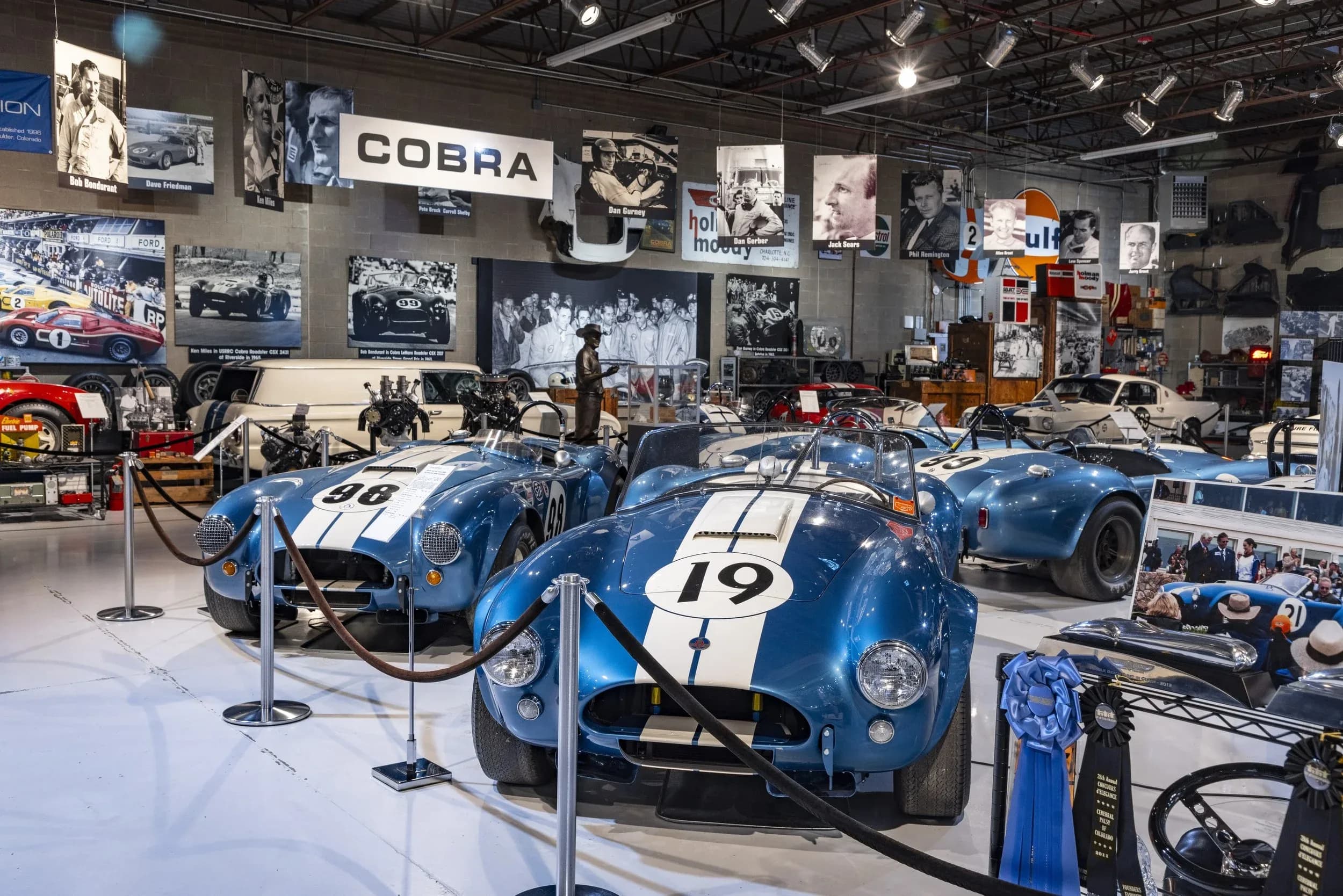 Interior of the Shelby American Collection museum in Boulder with historic Cobras and racing memorabilia on display
